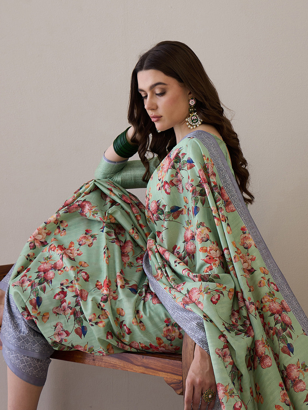 NOZ2TOZ Women's Silk Blend Light Green Printed Designer Saree With Blouse Piece - Distacart