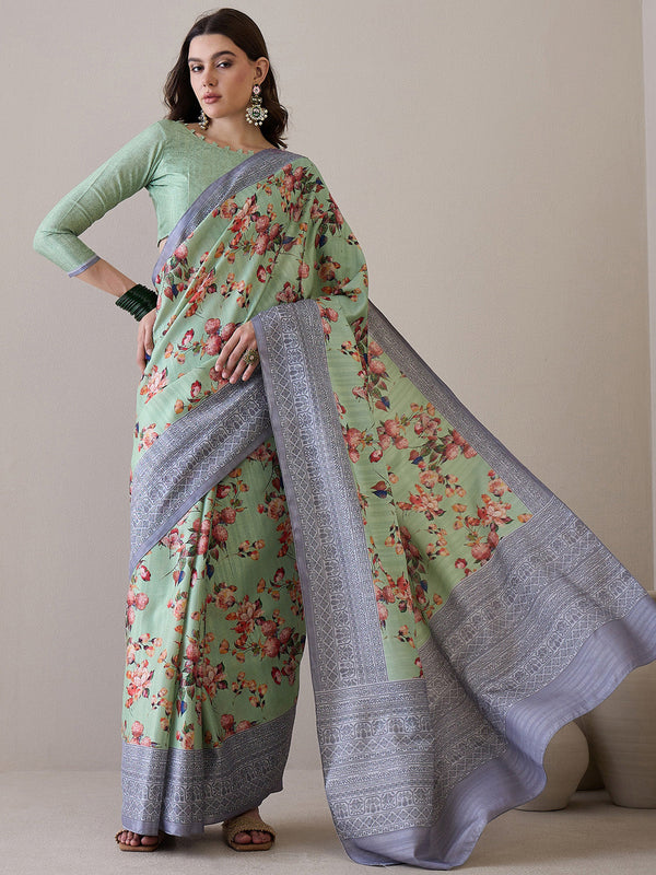 NOZ2TOZ Women's Silk Blend Light Green Printed Designer Saree With Blouse Piece - Distacart