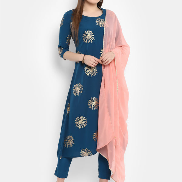 Janasya Teal Poly Crepe Gold Print Set - Distacart