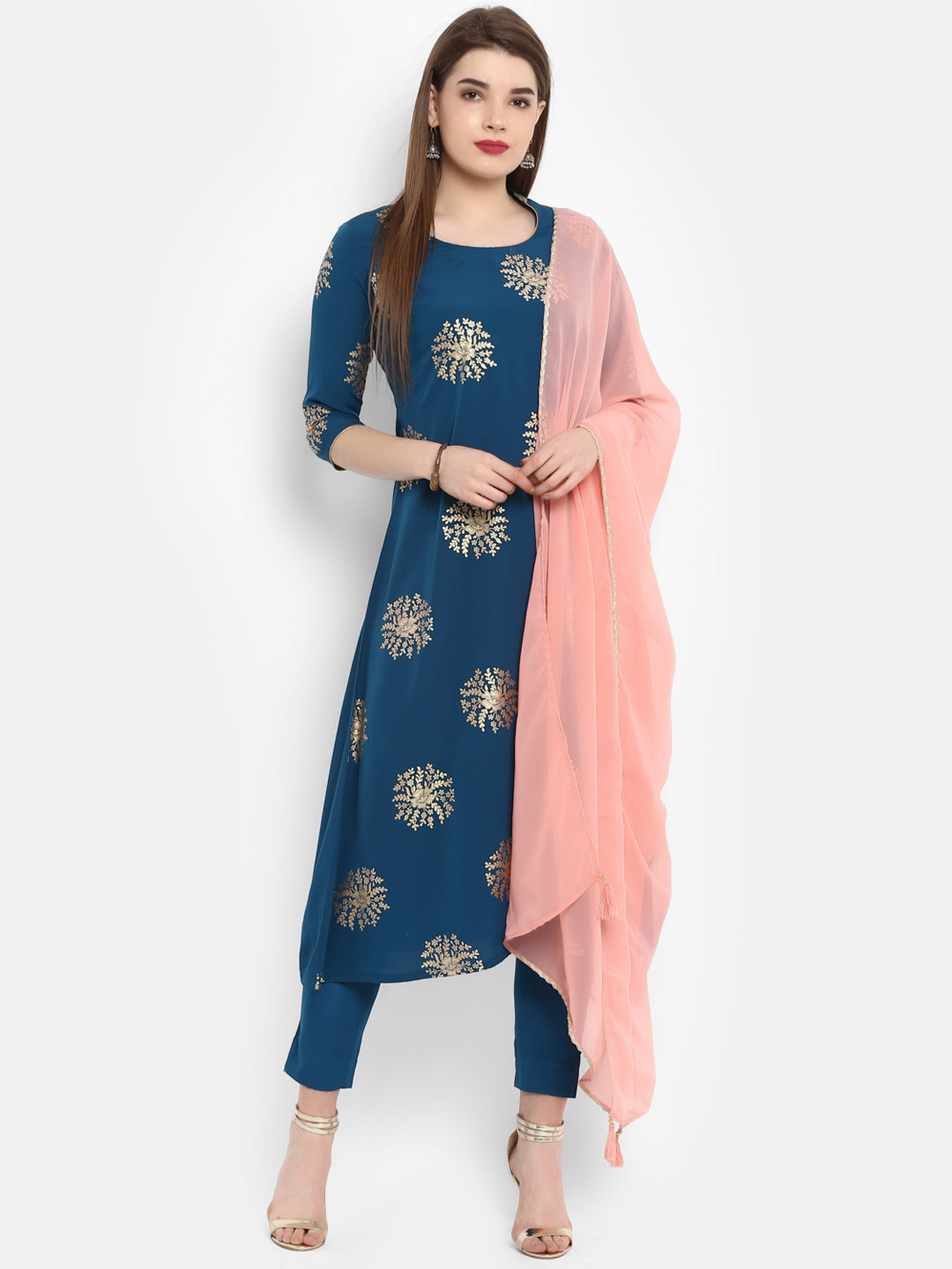 Janasya Teal Poly Crepe Gold Print Set - Distacart