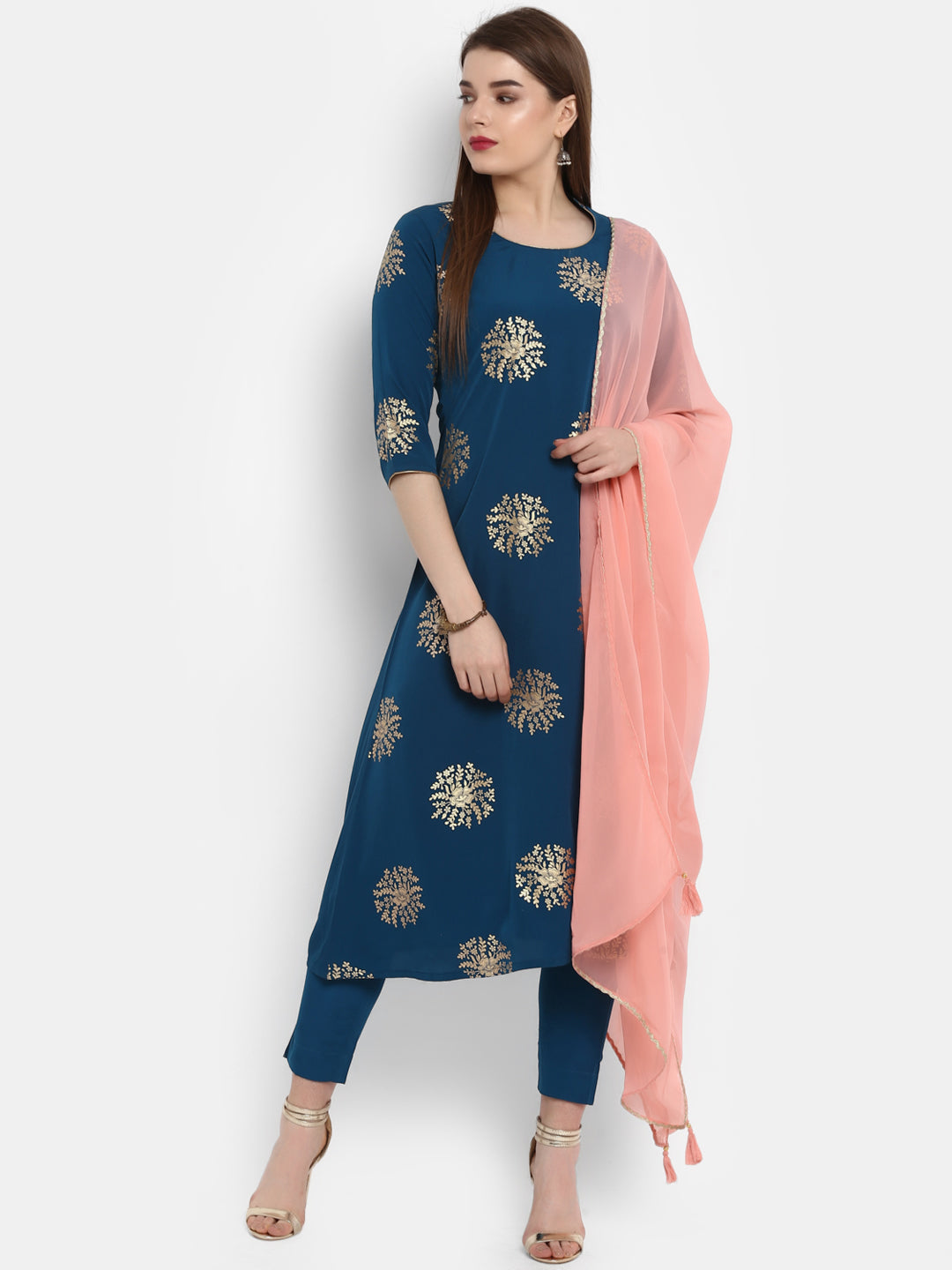 Janasya Teal Poly Crepe Gold Print Set - Distacart