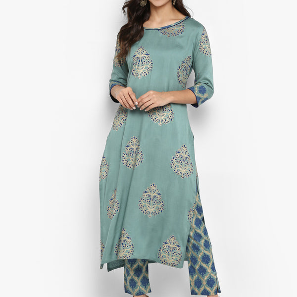 Janasya Turquoise Green Rayon Foil Print Set - Distacart