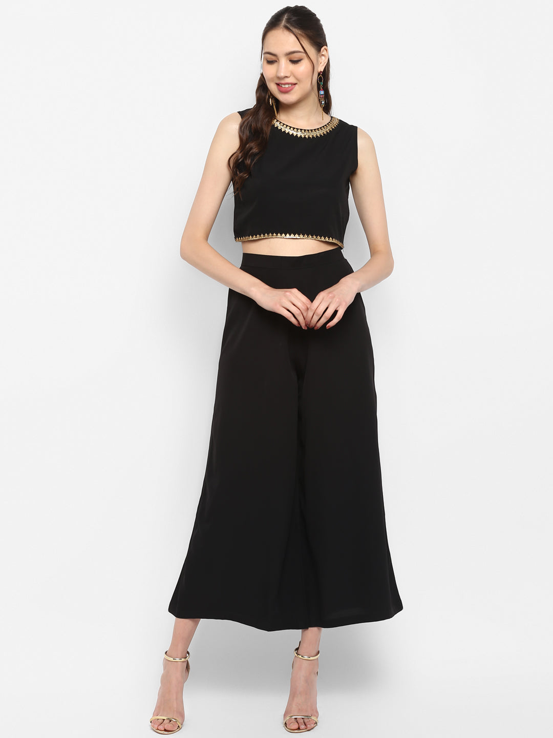 Janasya Black Poly Crepe Gold Print Set - Distacart