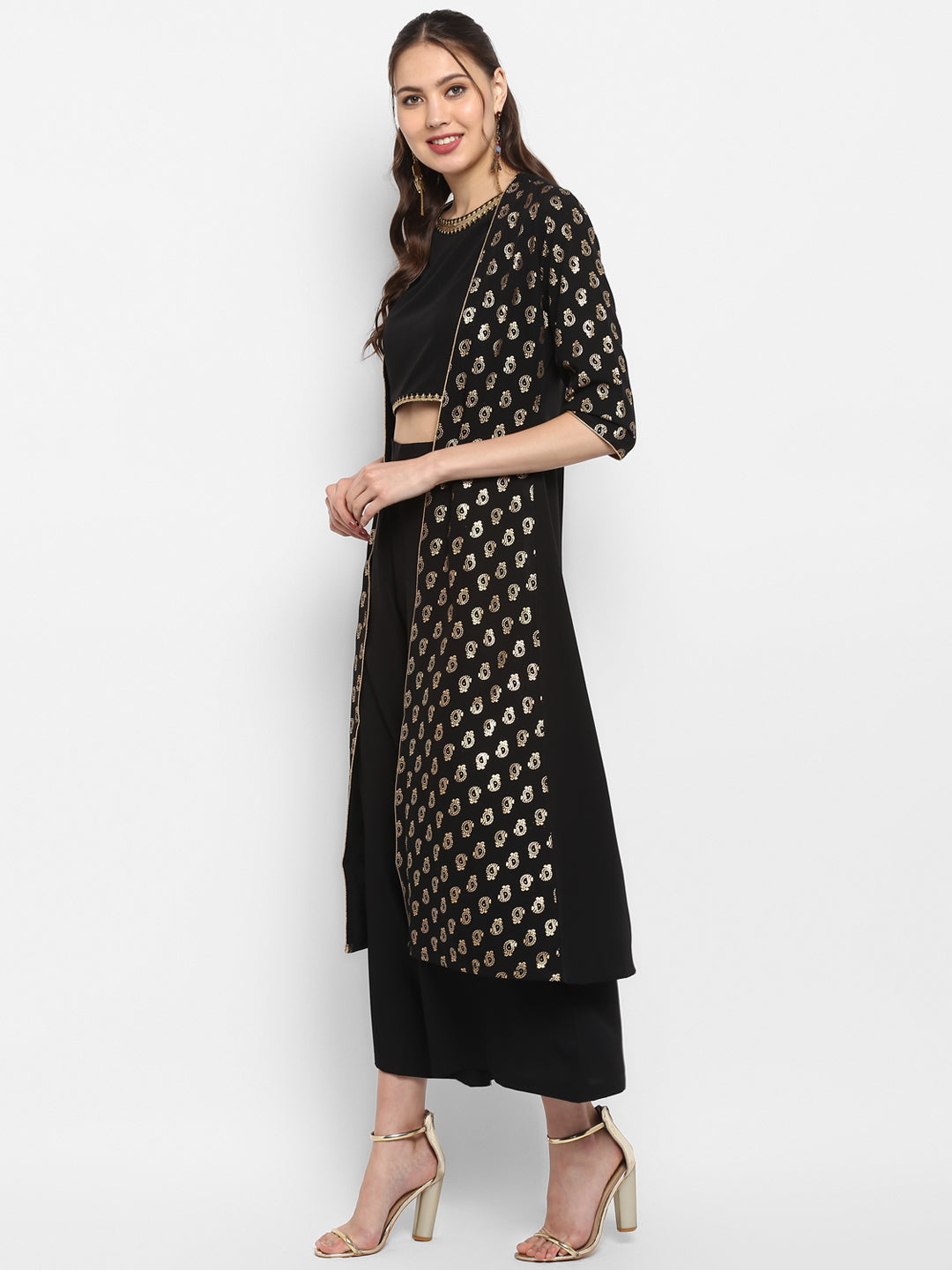 Janasya Black Poly Crepe Gold Print Set - Distacart