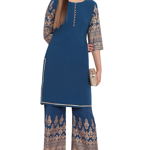 Janasya Teal Poly Crepe Printed Set - Distacart