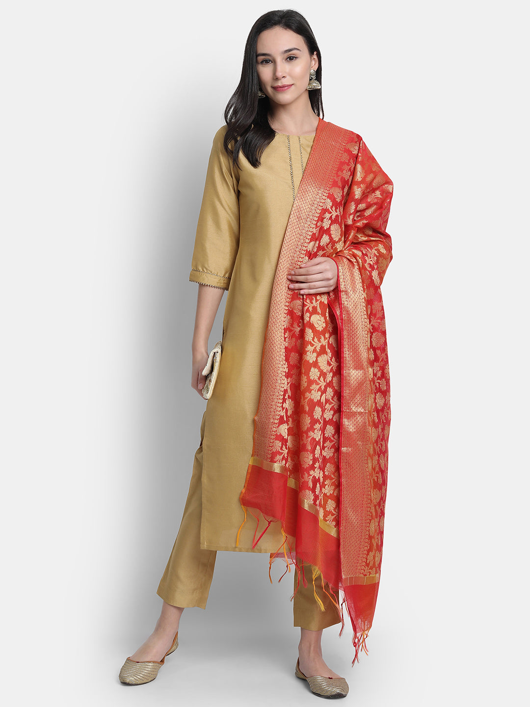 Janasya Gold Poly Silk Solid Set - Distacart