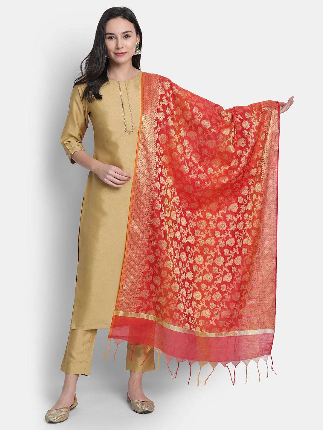 Janasya Gold Poly Silk Solid Set - Distacart