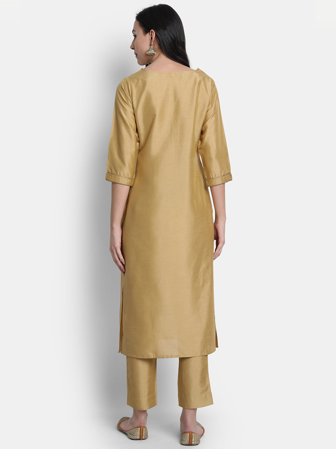 Janasya Gold Poly Silk Solid Set - Distacart