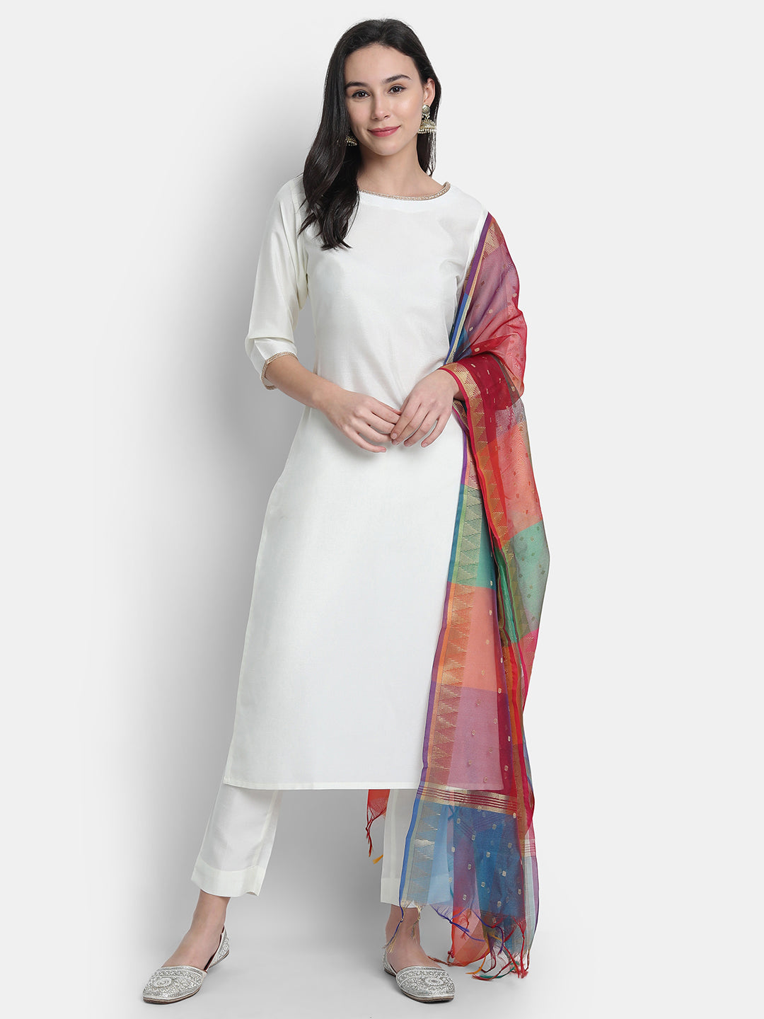 Janasya Off-White Poly Silk Solid Set - Distacart