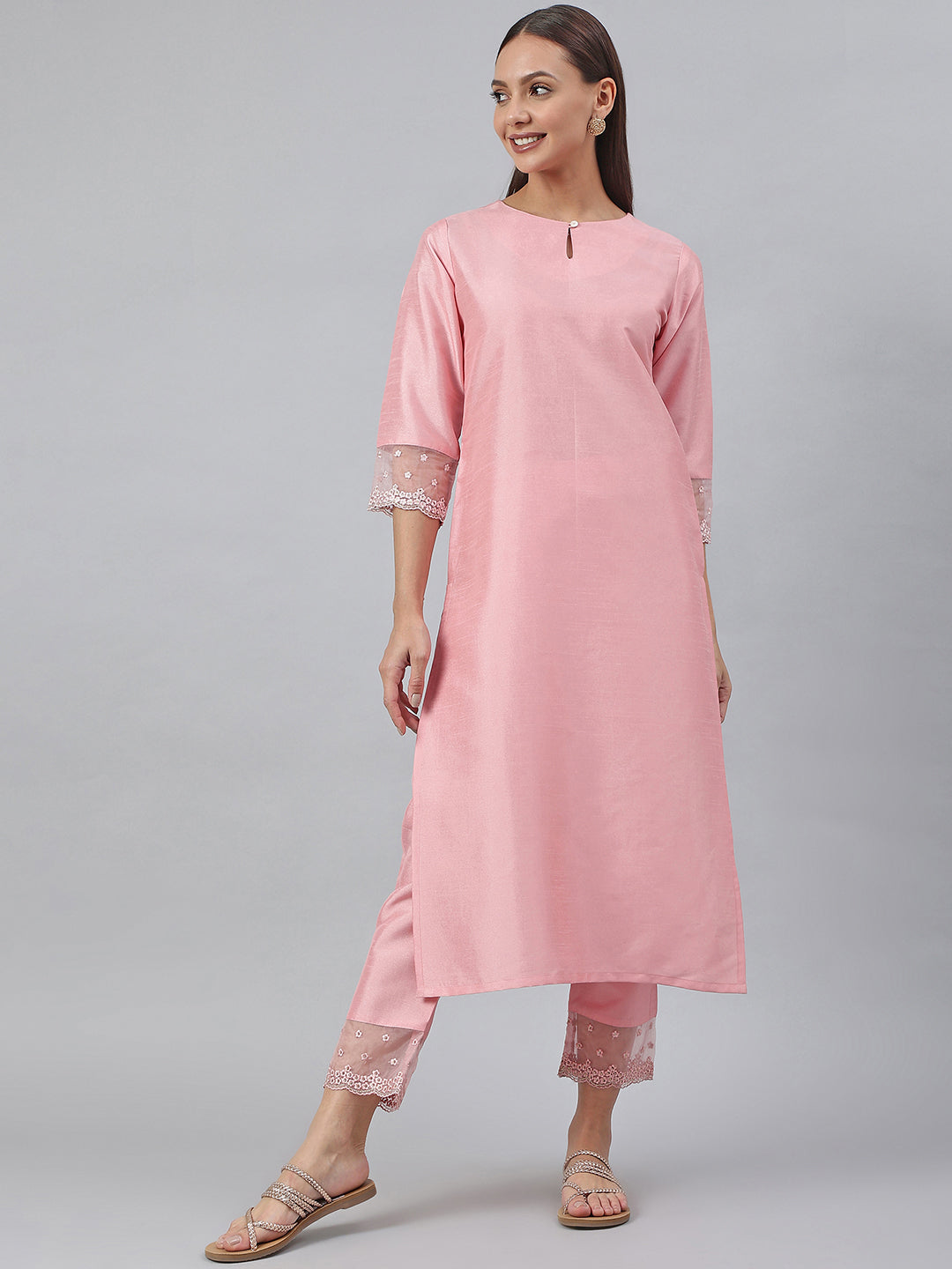 Janasya Pink Poly Silk Solid Set - Distacart