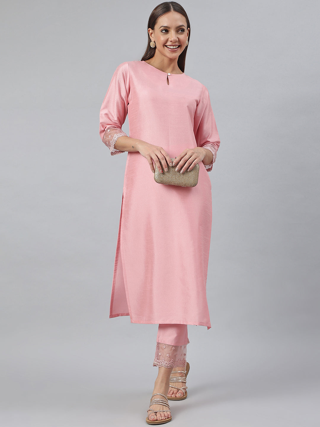 Janasya Pink Poly Silk Solid Set - Distacart