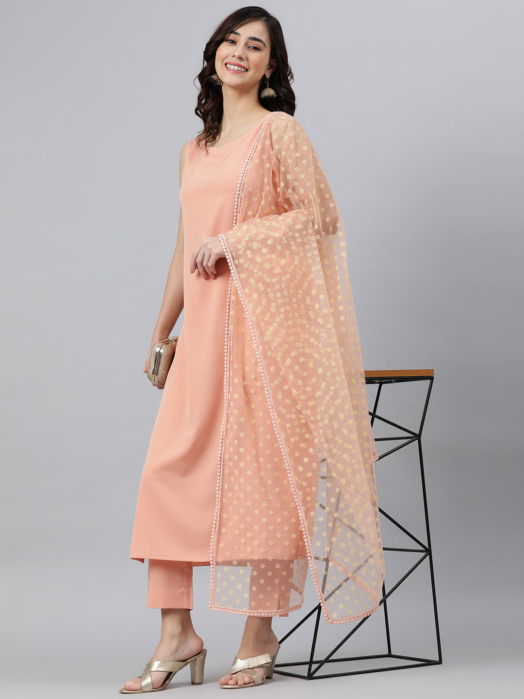 Janasya Peach Poly Crepe Solid Set - Distacart