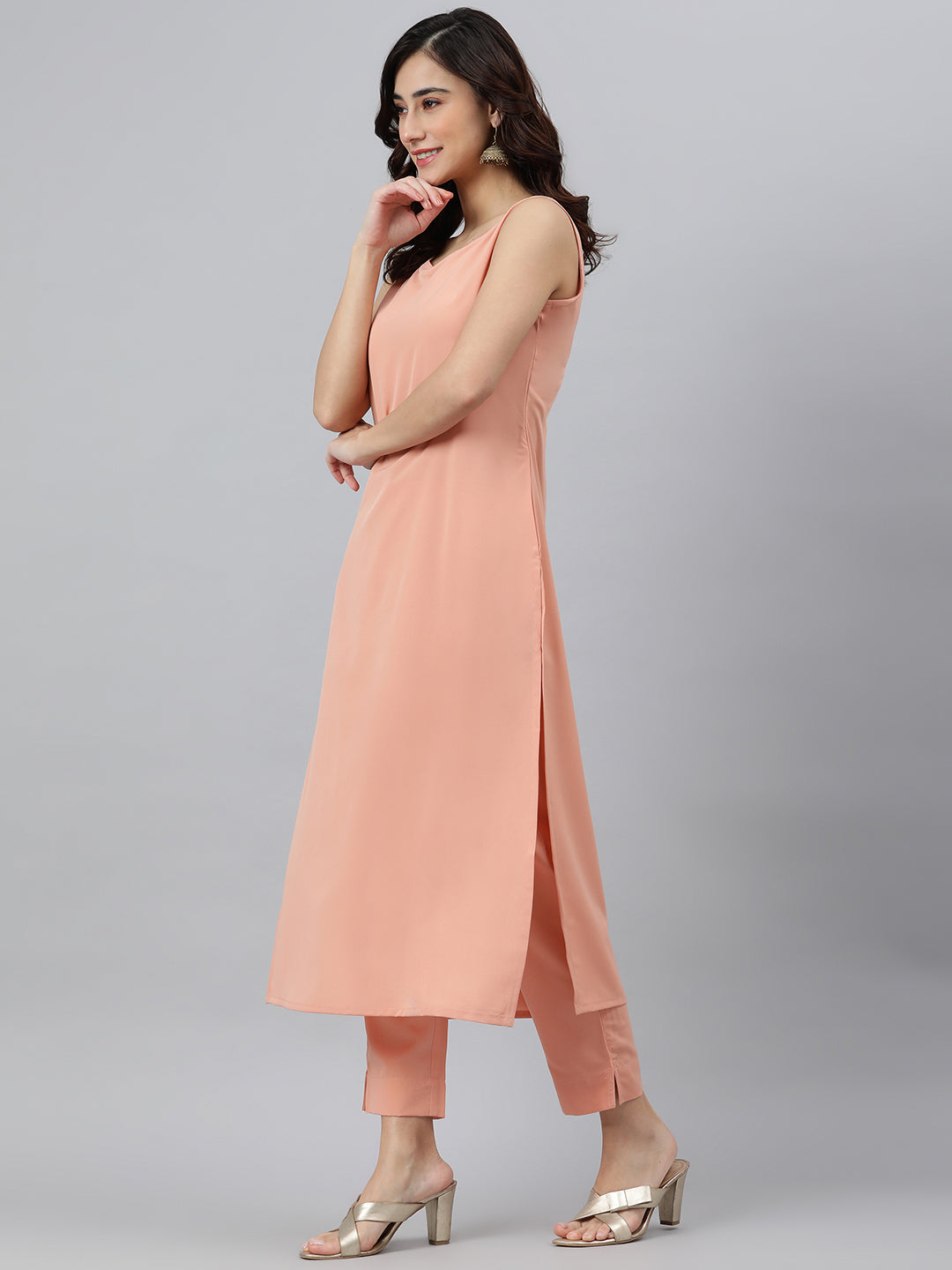 Janasya Peach Poly Crepe Solid Set - Distacart