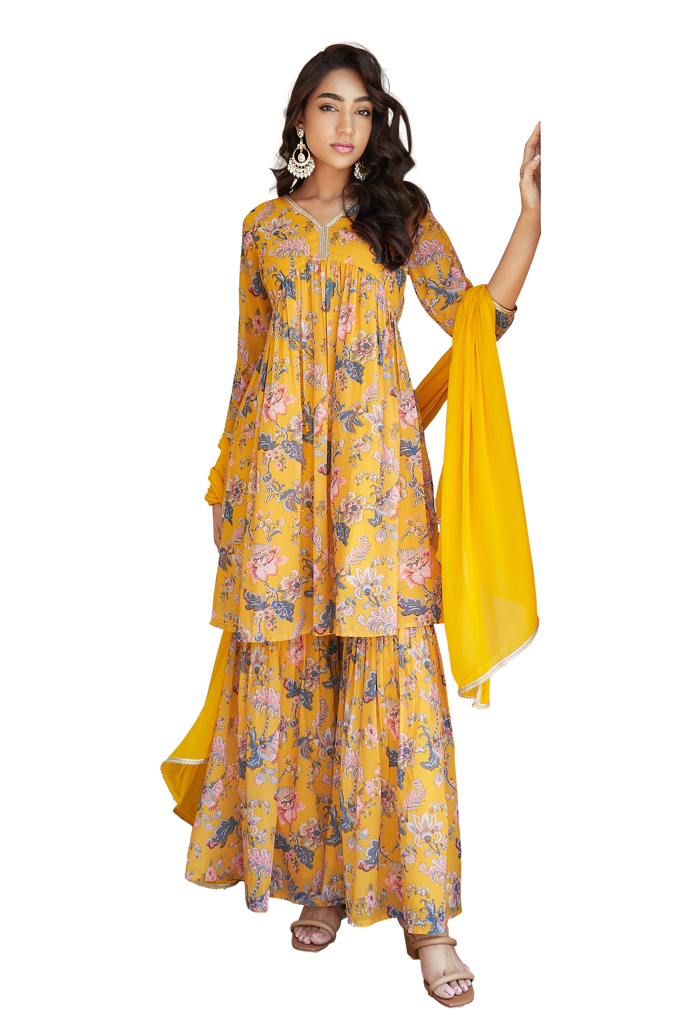 Janasya Yellow Georgette Digital Floral Printed Set - Distacart