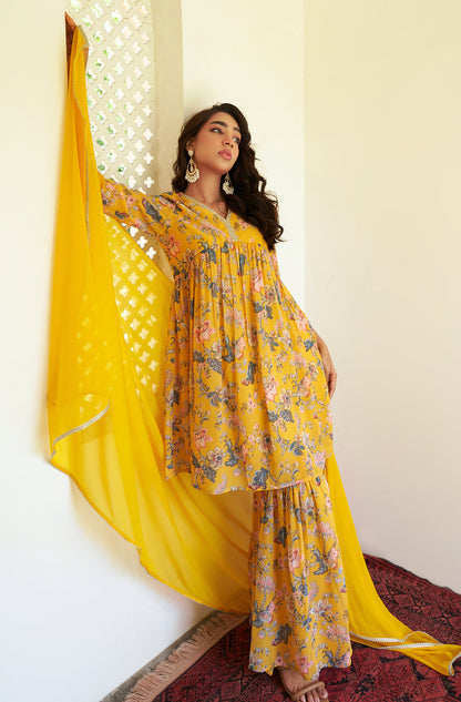 Janasya Yellow Georgette Digital Floral Printed Set - Distacart