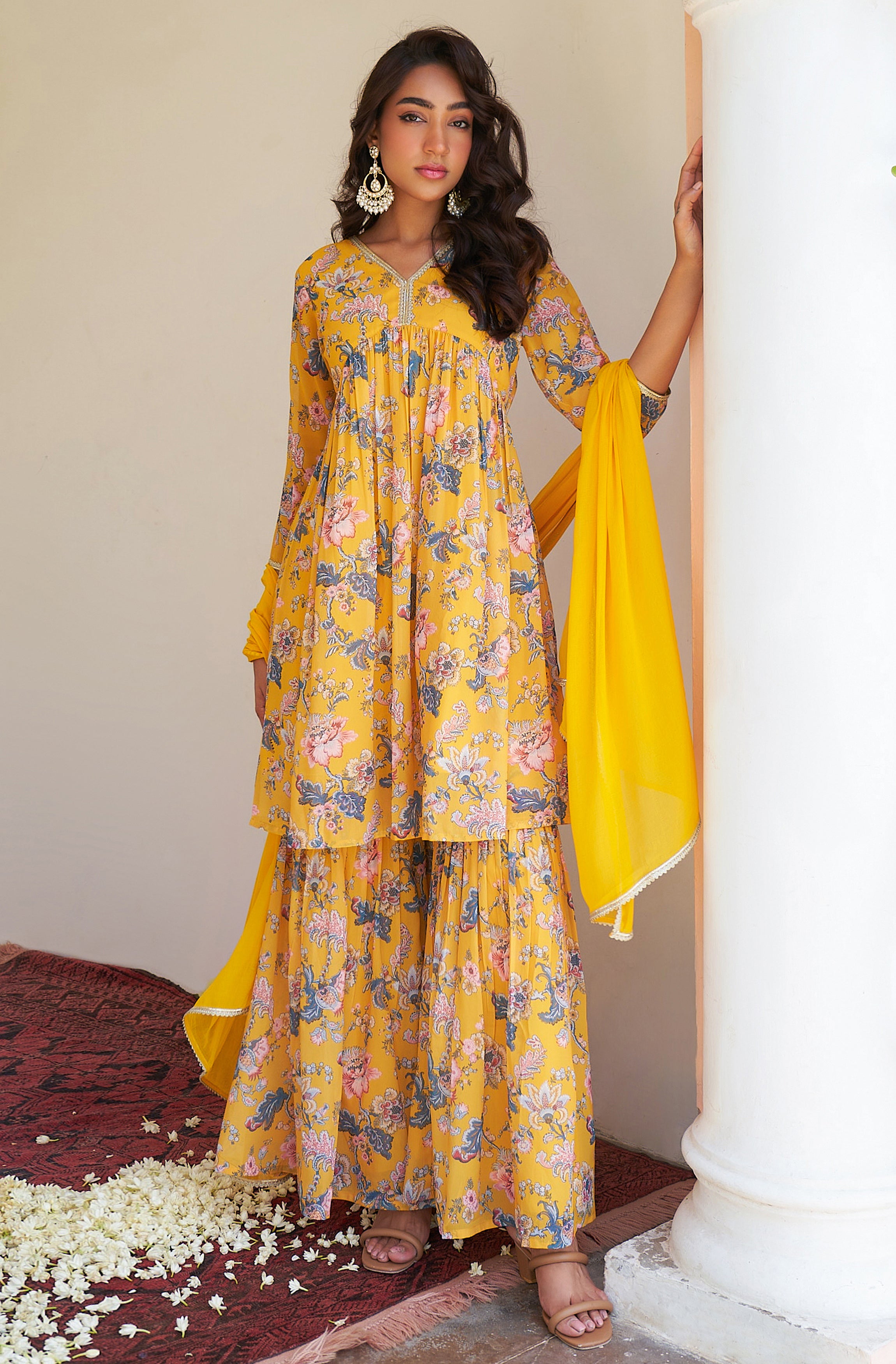 Janasya Yellow Georgette Digital Floral Printed Set - Distacart