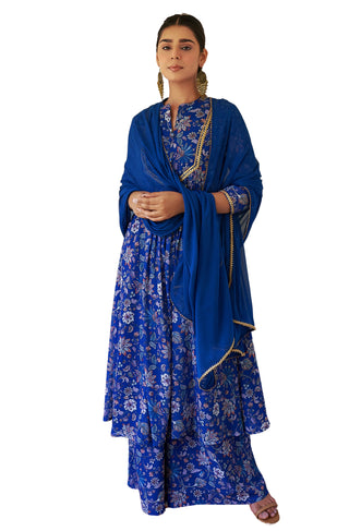 Janasya Dark Teal Blue Georgette Digital Floral Printed Set - Distacart
