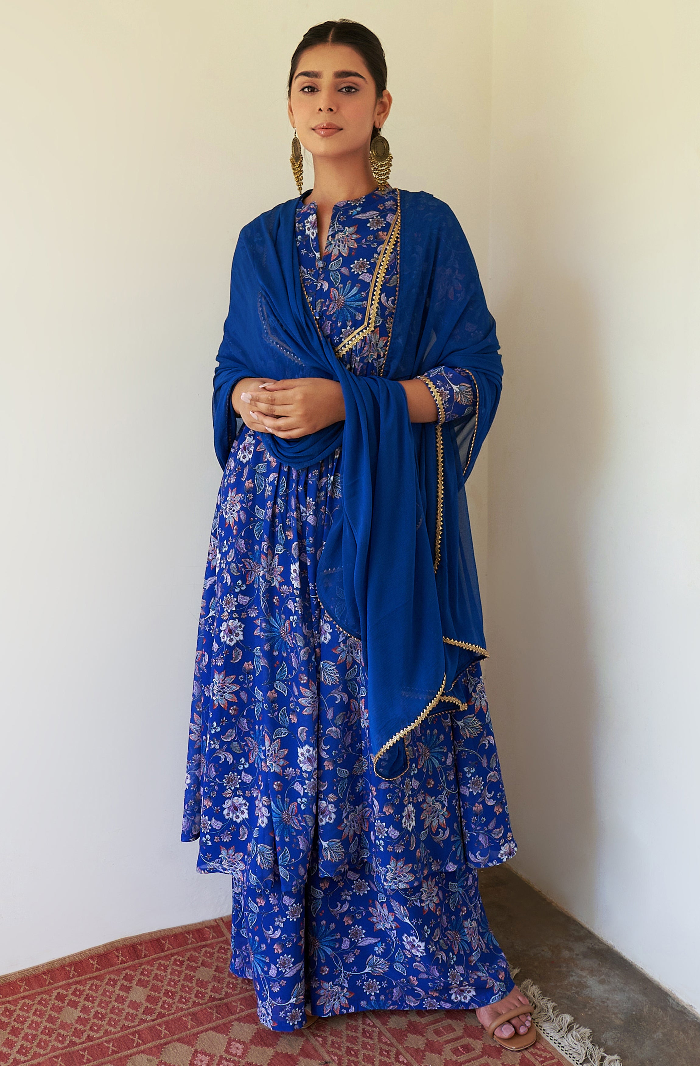 Janasya Dark Teal Blue Georgette Digital Floral Printed Set - Distacart