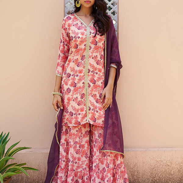 Janasya Peach Georgette Digital Floral Printed Set - Distacart