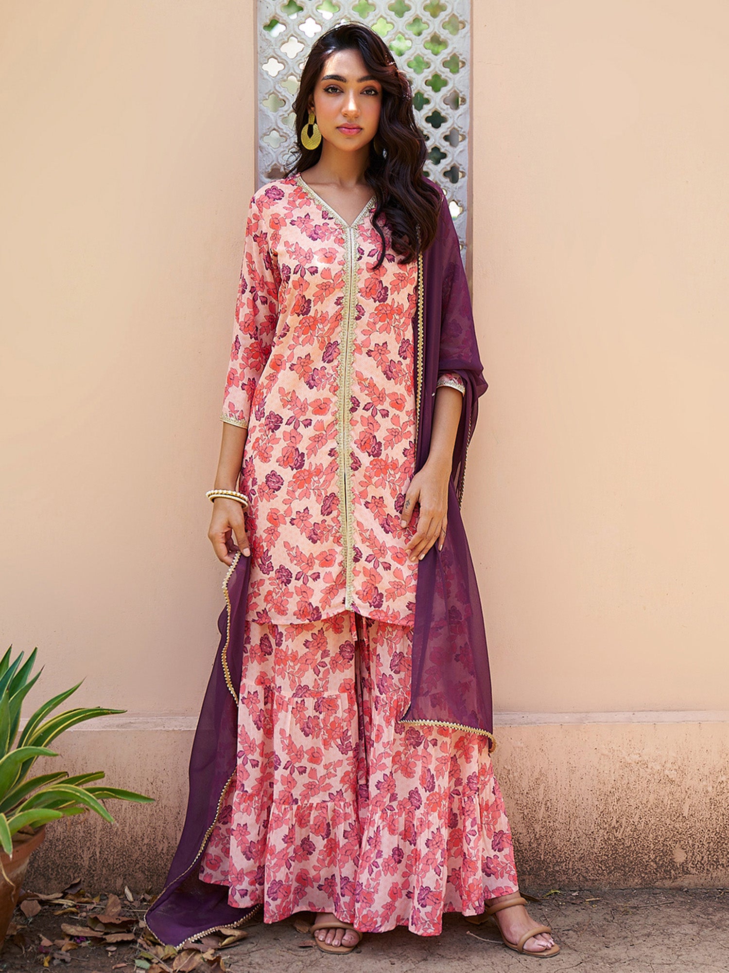 Janasya Peach Georgette Digital Floral Printed Set - Distacart