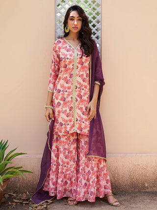 Janasya Peach Georgette Digital Floral Printed Set - Distacart