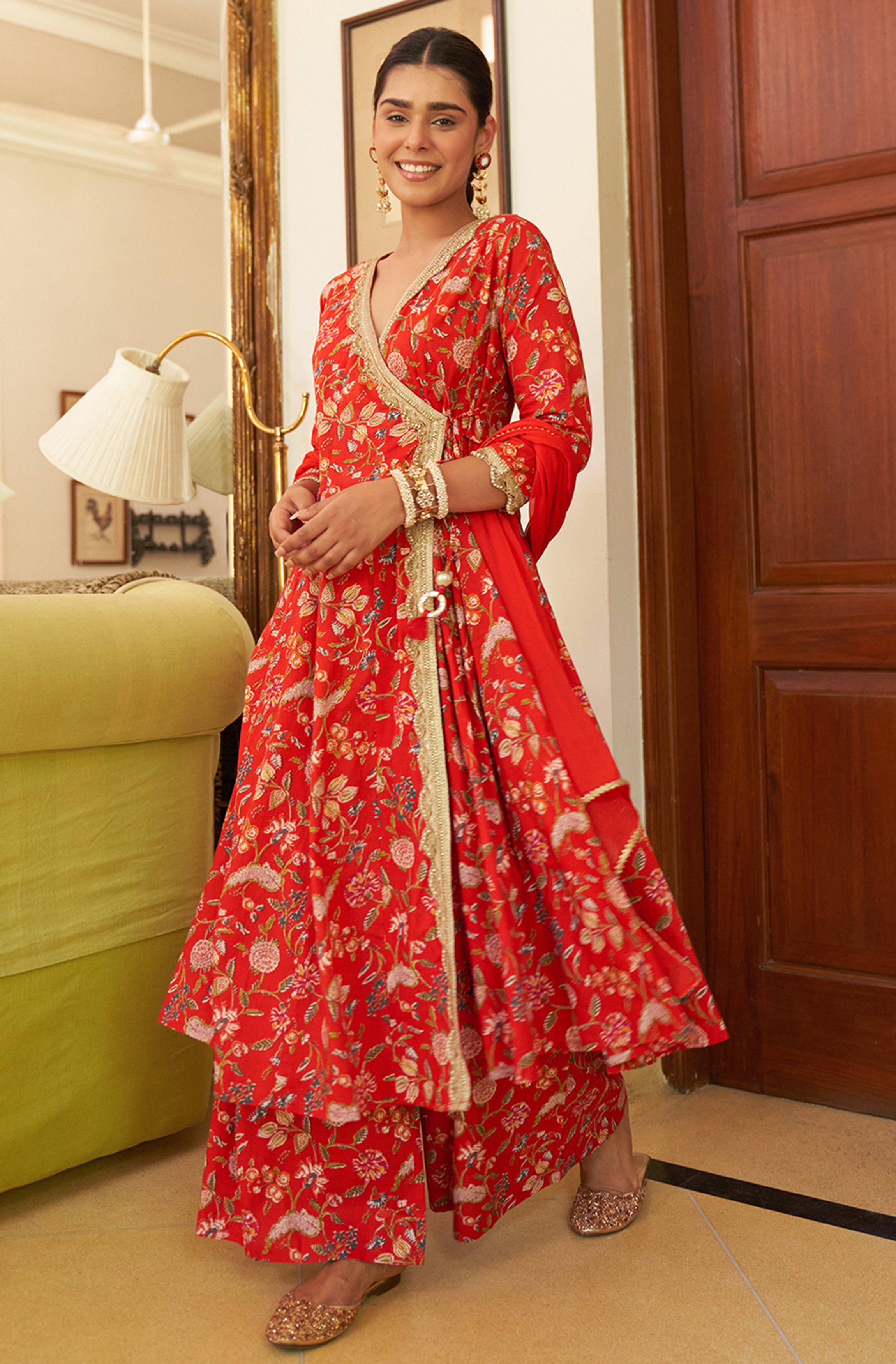 Janasya Red Cotton Floral Printed Set - Distacart