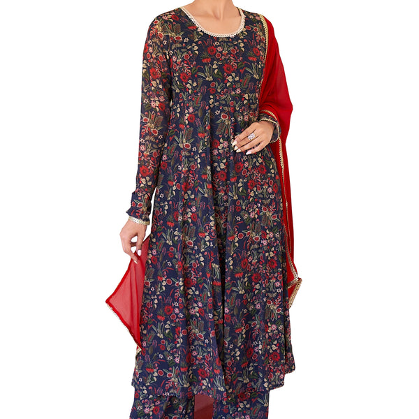 Janasya Dark Teal Blue Georgette Digital Floral Printed Set - Distacart