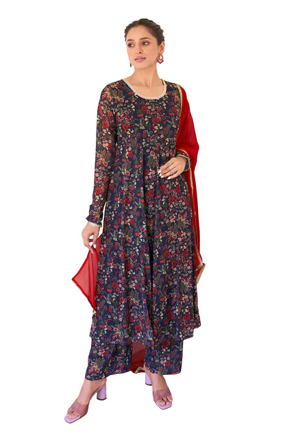 Janasya Dark Teal Blue Georgette Digital Floral Printed Set - Distacart