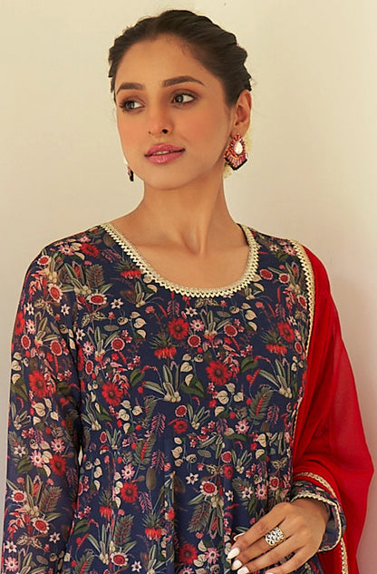 Janasya Dark Teal Blue Georgette Digital Floral Printed Set - Distacart