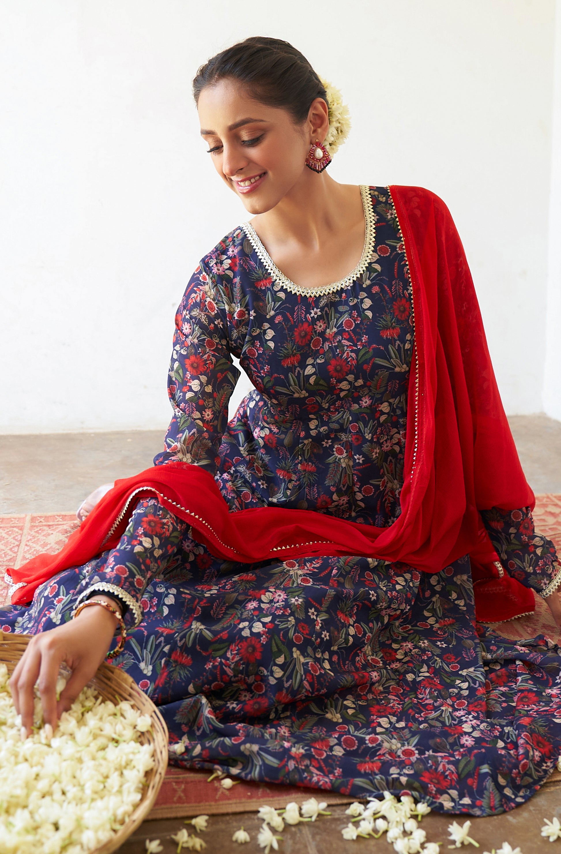 Janasya Dark Teal Blue Georgette Digital Floral Printed Set - Distacart