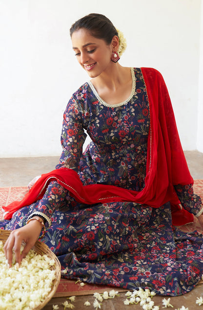 Janasya Dark Teal Blue Georgette Digital Floral Printed Set - Distacart