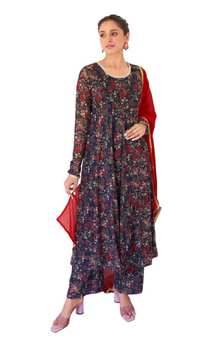 Janasya Dark Teal Blue Georgette Digital Floral Printed Set - Distacart