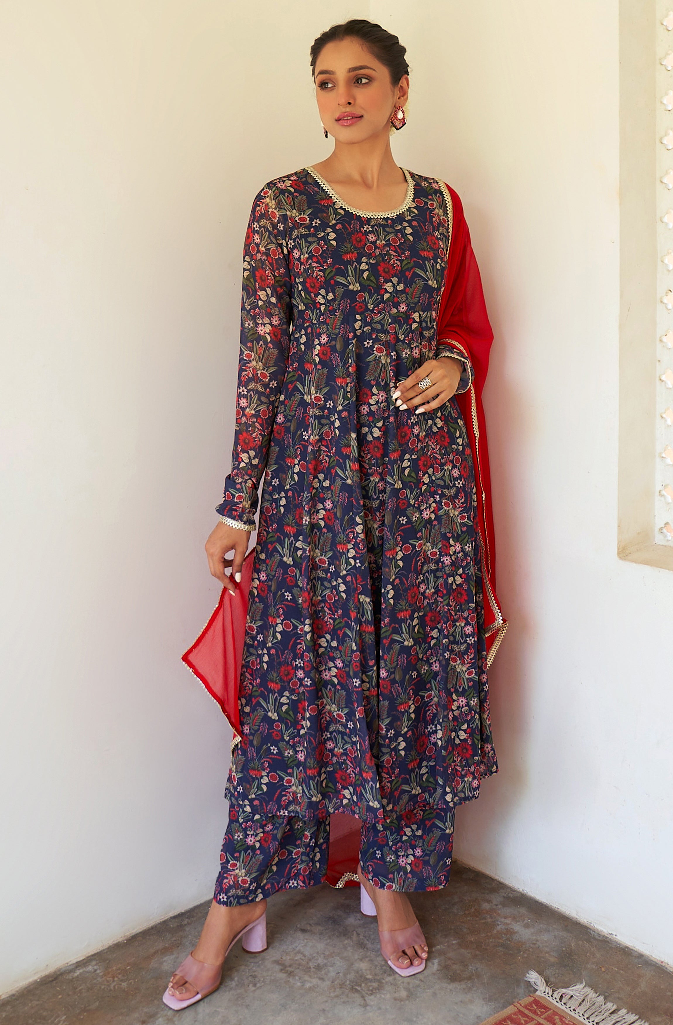 Janasya Dark Teal Blue Georgette Digital Floral Printed Set - Distacart