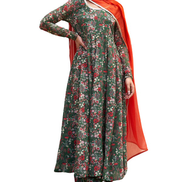 Janasya Bottle Green Georgette Digital Floral Printed Set - Distacart