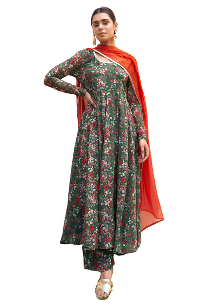 Janasya Bottle Green Georgette Digital Floral Printed Set - Distacart