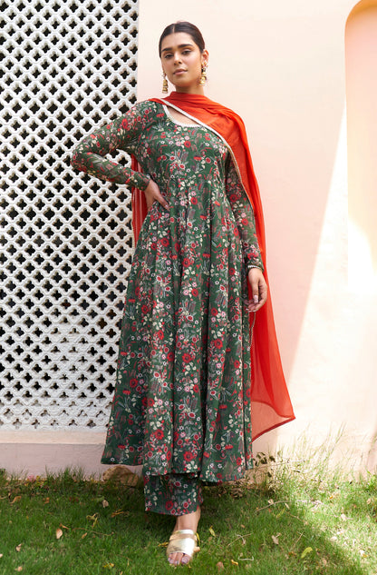 Janasya Bottle Green Georgette Digital Floral Printed Set - Distacart