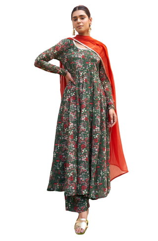 Janasya Bottle Green Georgette Digital Floral Printed Set - Distacart