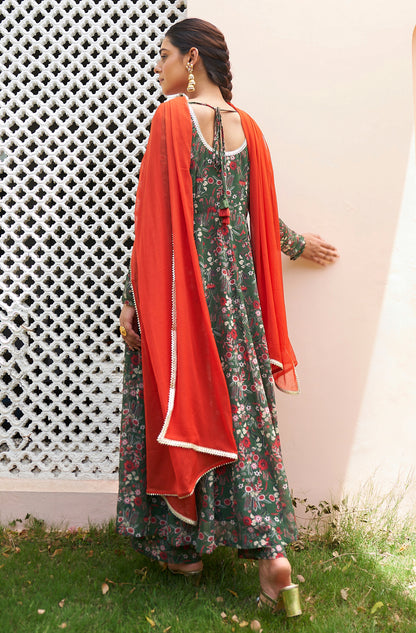 Janasya Bottle Green Georgette Digital Floral Printed Set - Distacart