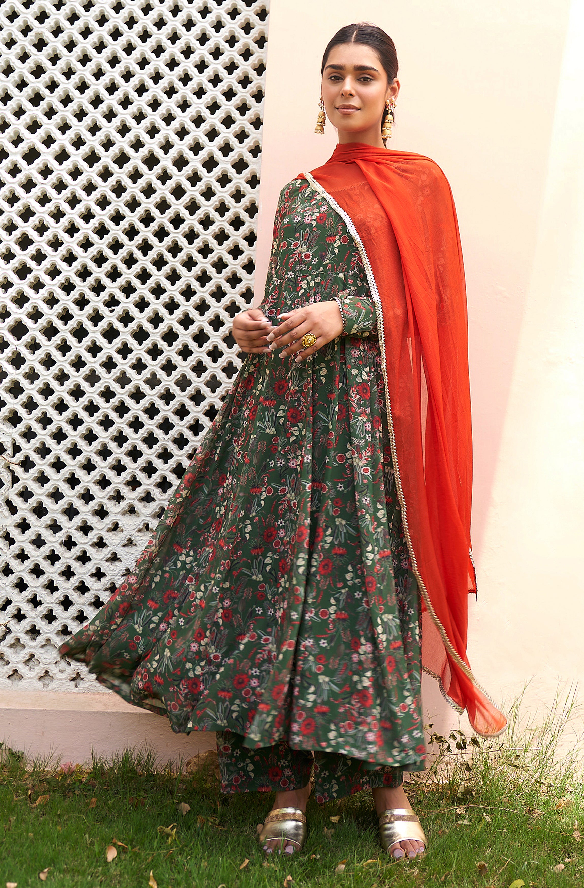 Janasya Bottle Green Georgette Digital Floral Printed Set - Distacart