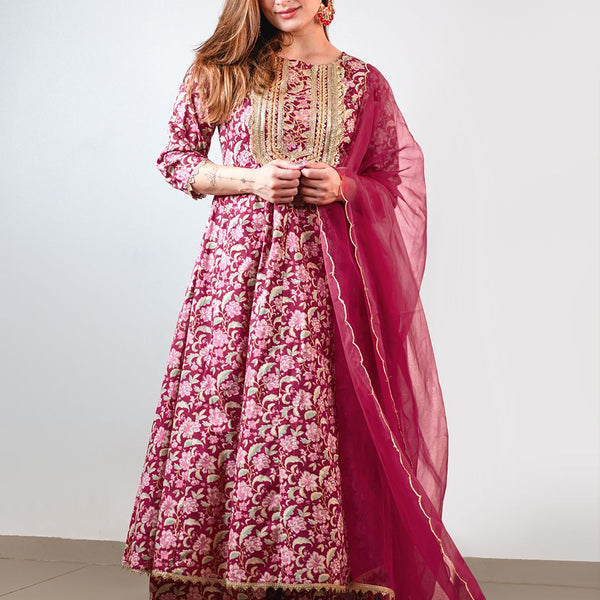 Janasya Pink Cotton Foil Floral Printed Set - Distacart