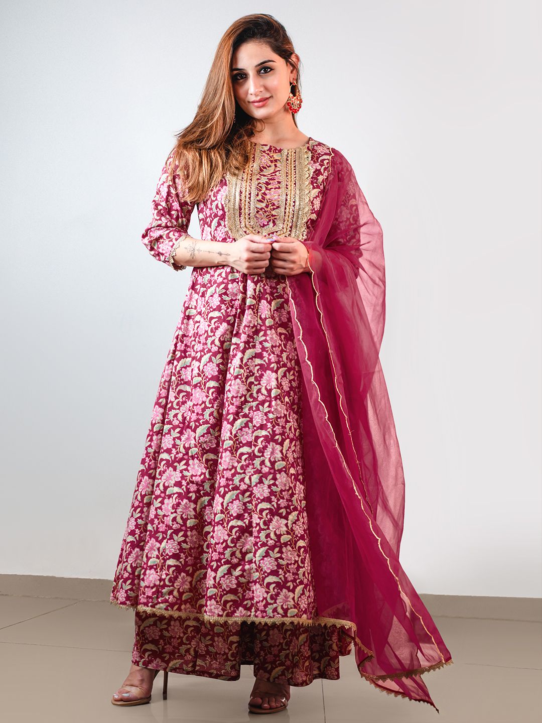 Janasya Pink Cotton Foil Floral Printed Set - Distacart