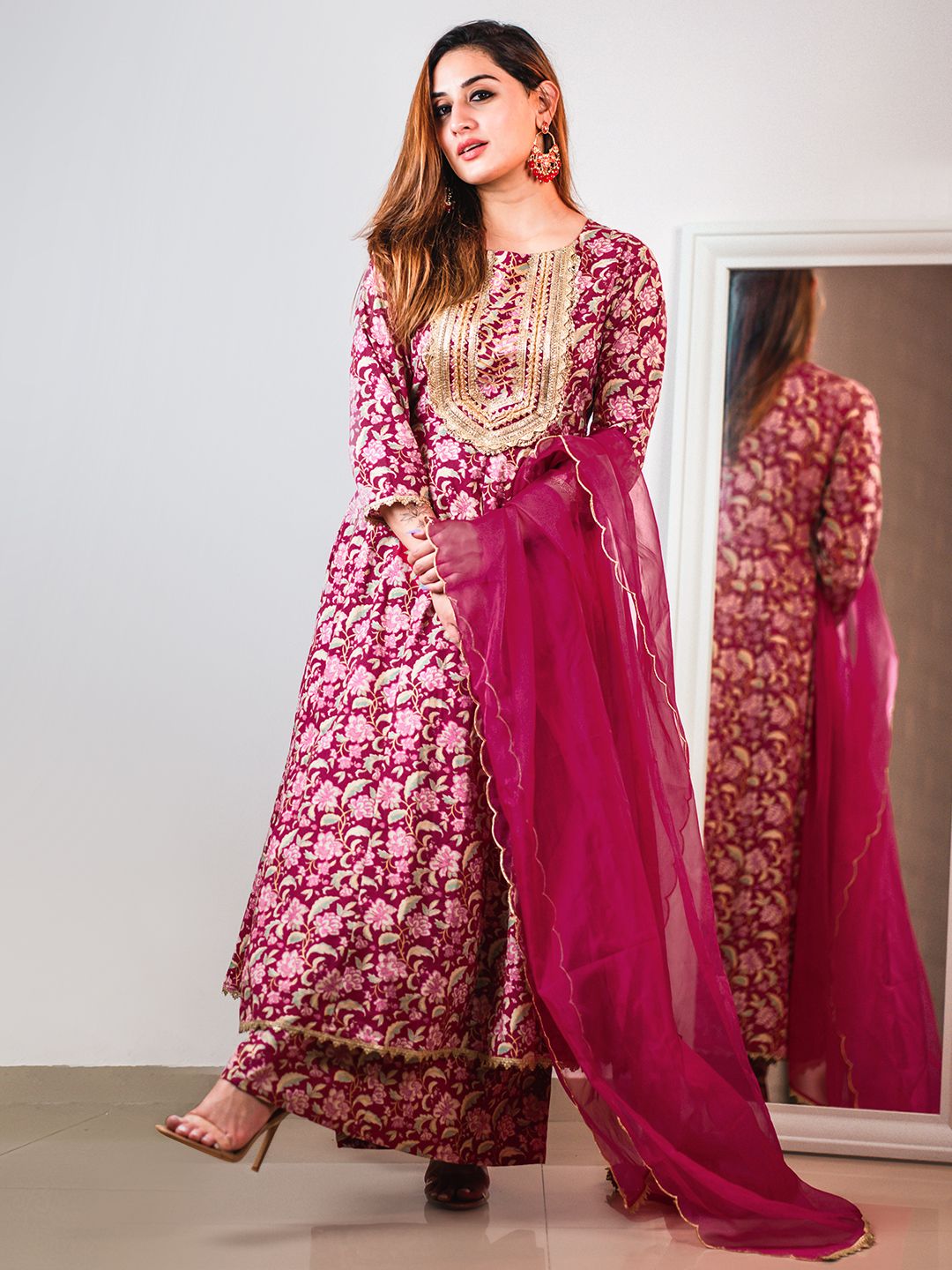 Janasya Pink Cotton Foil Floral Printed Set - Distacart