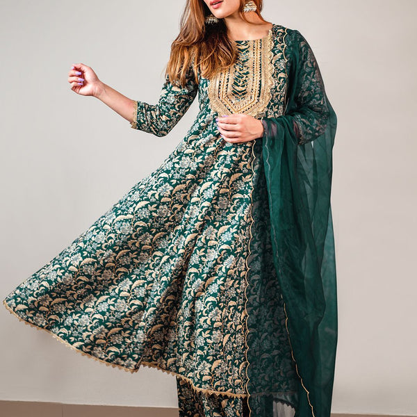 Janasya Teal Cotton Foil Floral Printed Set - Distacart