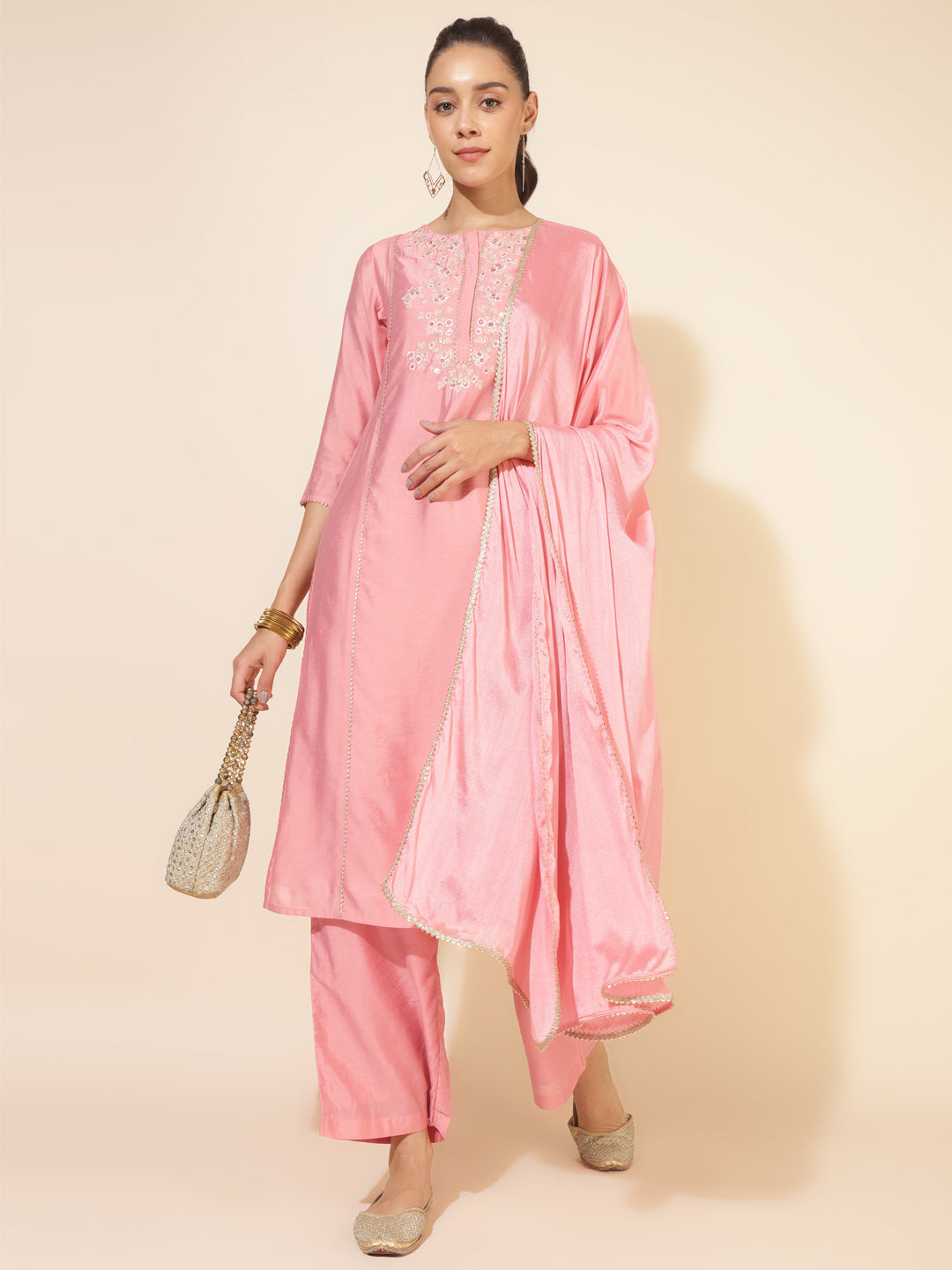 Janasya Pink Chanderi Embellished Set - Distacart