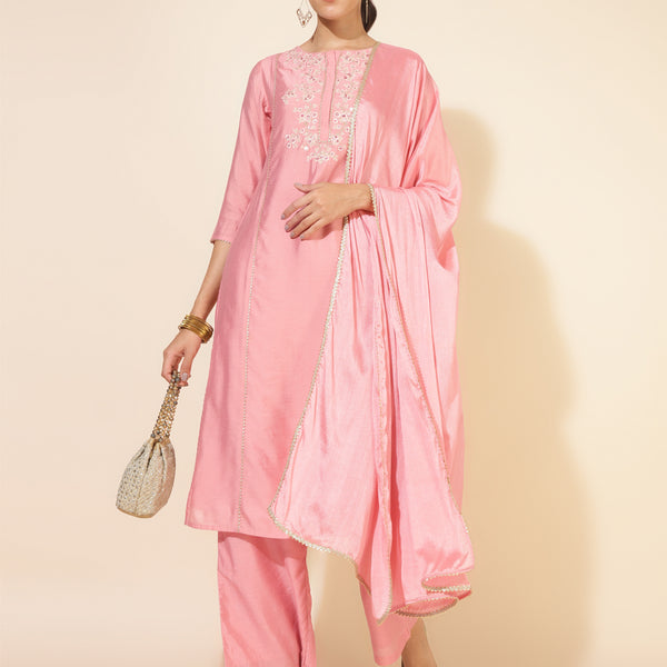 Janasya Pink Chanderi Embellished Set - Distacart