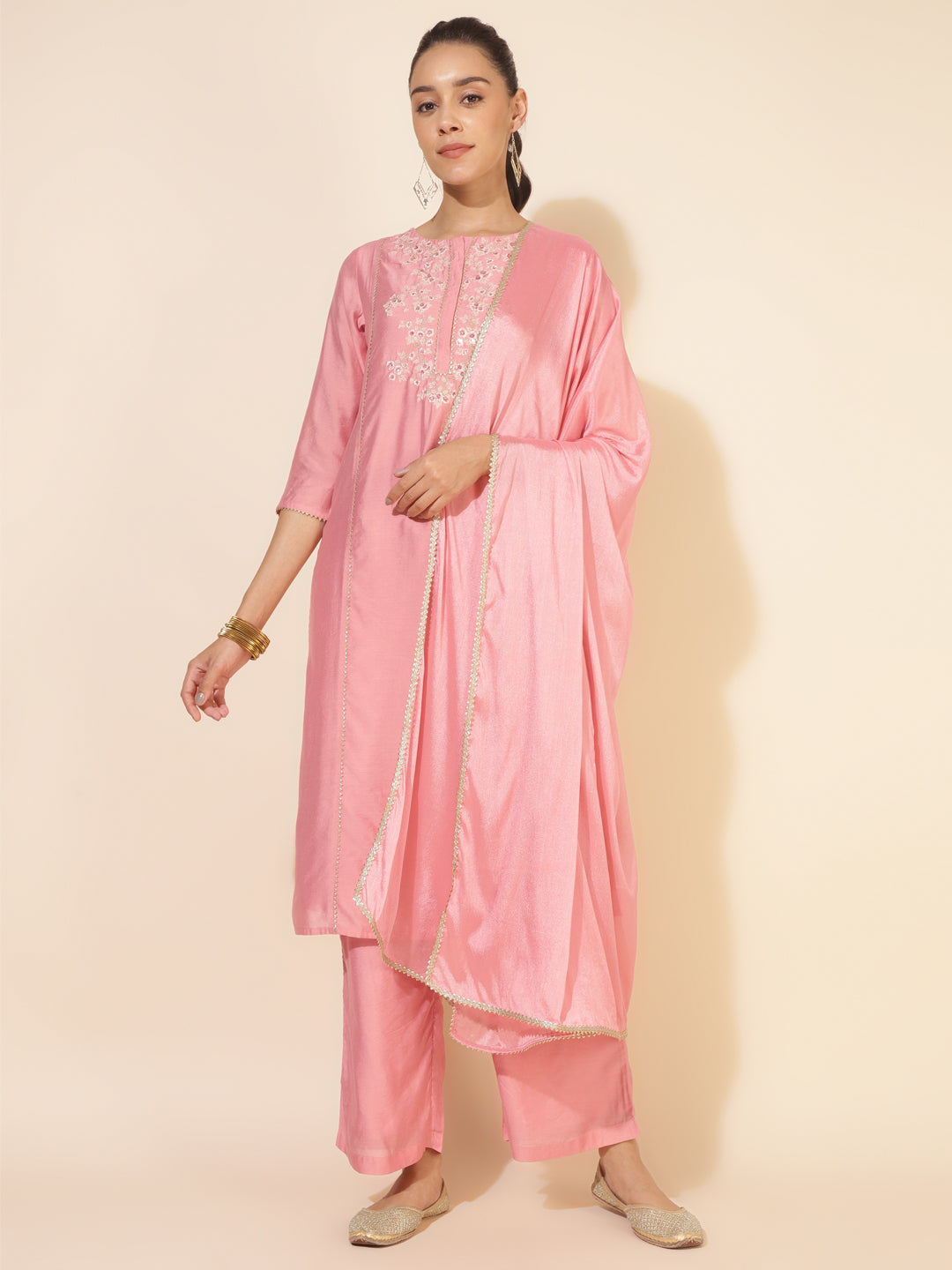 Janasya Pink Chanderi Embellished Set - Distacart