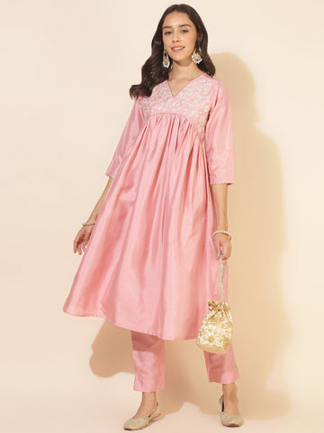 Janasya Pink Crepe Silk Yoke Embroidery Set - Distacart