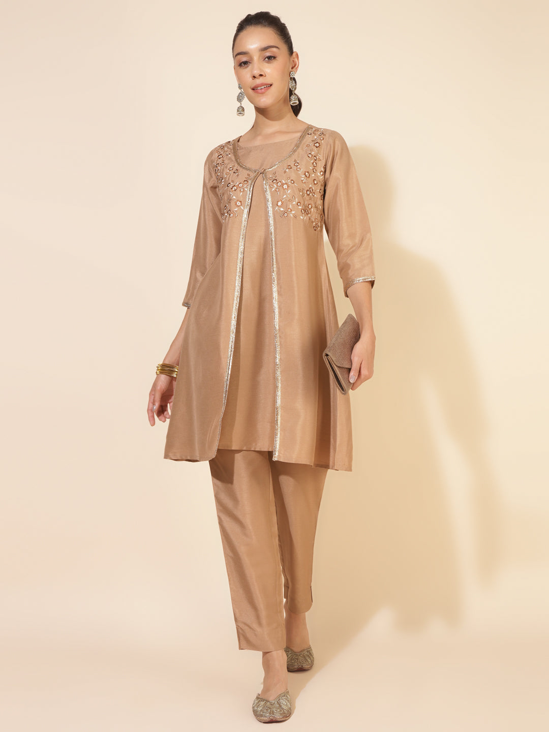 Janasya Beige Crepe Silk Embellished Set - Distacart