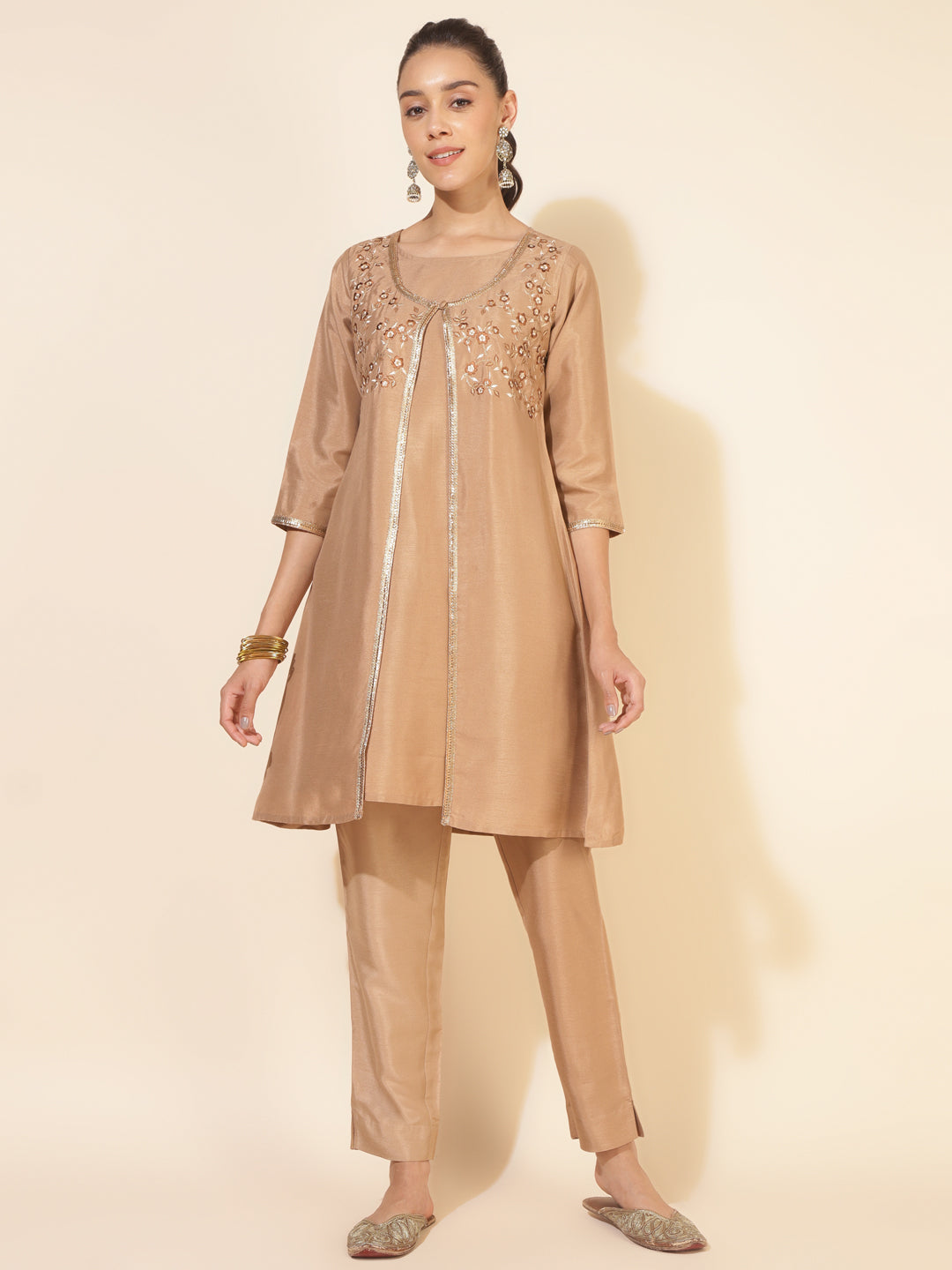 Janasya Beige Crepe Silk Embellished Set - Distacart
