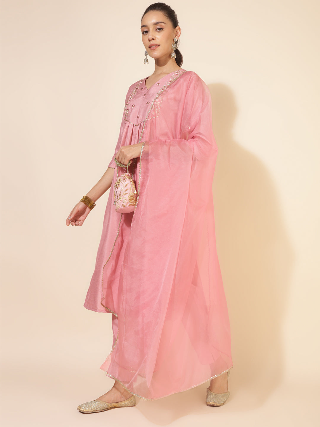 Janasya Pink Crepe Silk Yoke Embroidery Set - Distacart